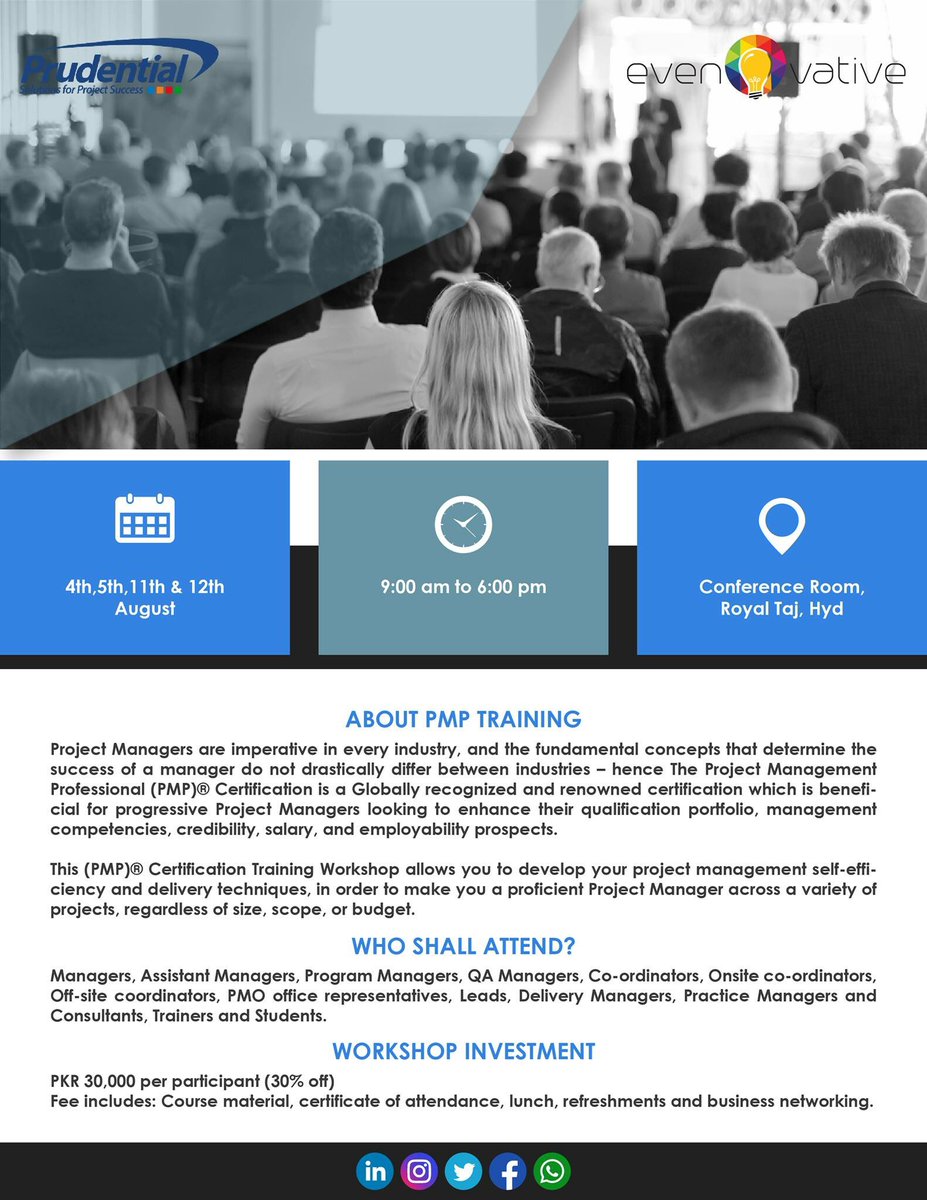 MemonMaria's tweet photo. Project Management Training! Who shall attend?
Registration link: https://t.co/JxAsKwucZU
Date: 4th,5th,11th & 12th August 2018
Venue: Royal Taj, Hyderabad
#projectmanagement #networking #coursematerial #certification #4days #training #prudentialsolutions #evenovative https://t.co/hP4QMfggqF