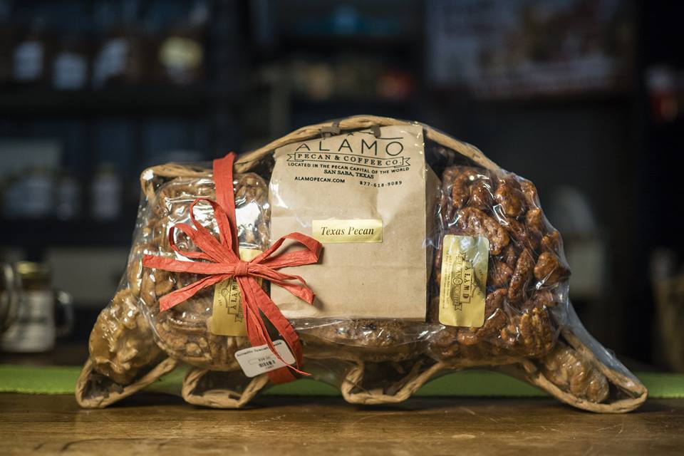 Our lovely gift baskets come in #GreatState shapes! Send this whimsy #Armadillo gift basket filled with pecans and gourmet pecan coffee! #realpecan #chocolate #Texas