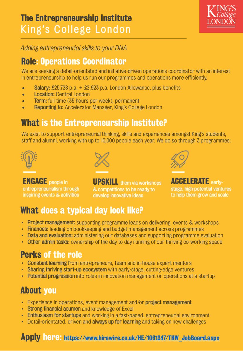 Want to work with entrepreneurial people + early-stage #startups at one of the world's top universities?

<a href="/InnovateKings/">King's Entrepreneurship Institute</a> is hiring an Ops Coordinator to help us deliver our programmes to almost 10,000 people each year.

Apply here: hirewire.co.uk/HE/1061247/MS_… 🚀🚀🚀 <a href="/KingsCollegeLon/">King's College London</a>