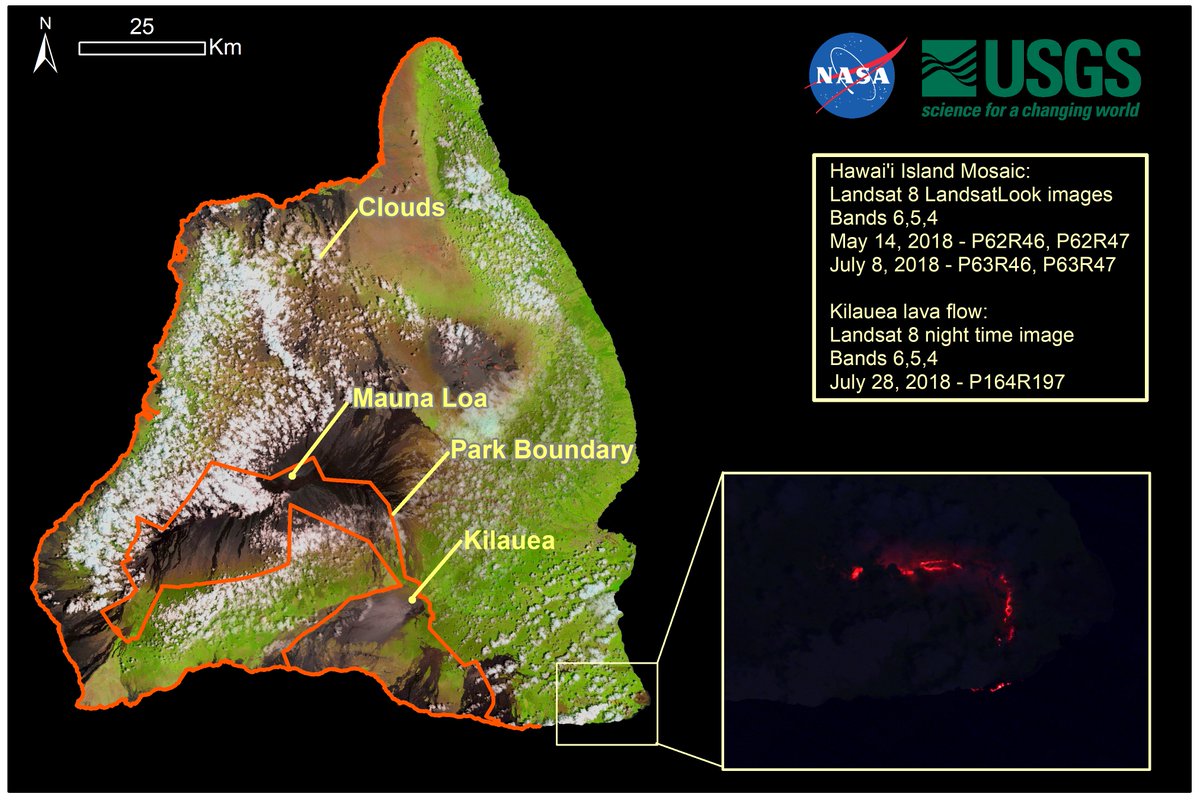 Landsat mosaic of Hawai'i Island with insert showing lava flows from the Kilauea Volcano