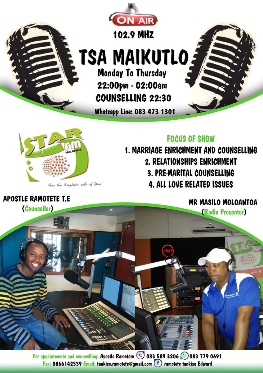 masmolt's tweet photo. Are itshebe!!! Bad Break Ups. Is there a way to break up without all the drama? Who is more apt to be angry over the break up? What's the best way to get over a break up?
Tsa Maikutlo; 22:00-02:00; Star fm 102.9 mhz.
Studio line:0184624173
Watsap/Sms line:0834731301
#Gaaake https://t.co/I6OBpaUNYq