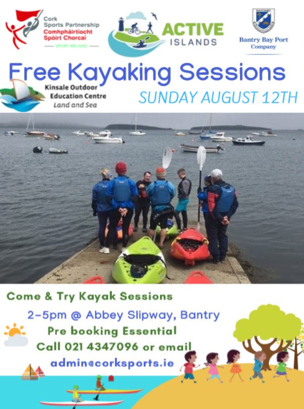 CorkSports's tweet photo. ☀️FREE Come &amp; Try Kayaking Sessions☀️

As part of the Bantry Harbour Open Day on Sun, Aug 12th @CorkSports &amp; @Kinsaleoutdoors are hosting FREE Come &amp; Try Kayaking Sessions!

Pre-Booking is essential, contact Cork Sports Partnership on 021-4347096

#ActiveCork @PortofCork https://t.co/MMepRsWinj