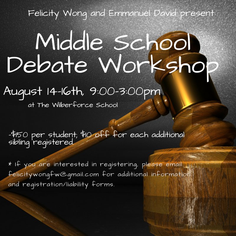 WilberforceNJ's tweet photo. Check out our Facebook page for more details about our Middle School Debate Workshop happening August 14-16th! https://t.co/Ym8ujkZEIQ