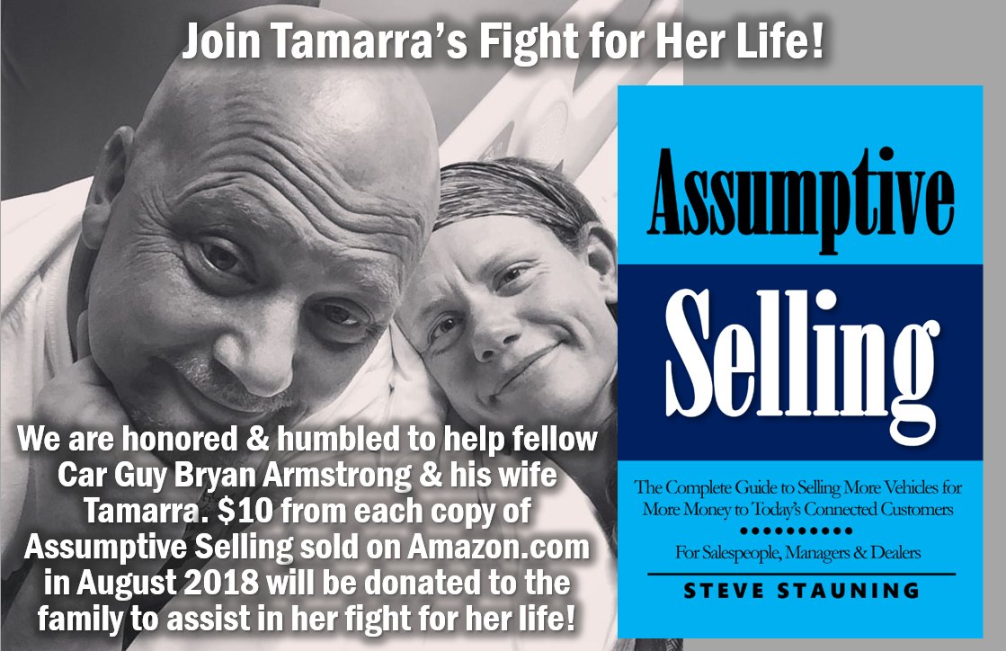 MiketheCarGuy1's tweet photo. Great book for all sales pros, & an AWESOME reason to buy it! Help yourself & help 2 AMAZING people! $10 from every 'Assumptive Selling' bought on Amazon in Aug goes to help @bryancarguy & his amazing wife Tamarra in her fight for her life!
#CarStrong
https://t.co/e3pPGKkIh8 https://t.co/nr6AXFO2MG