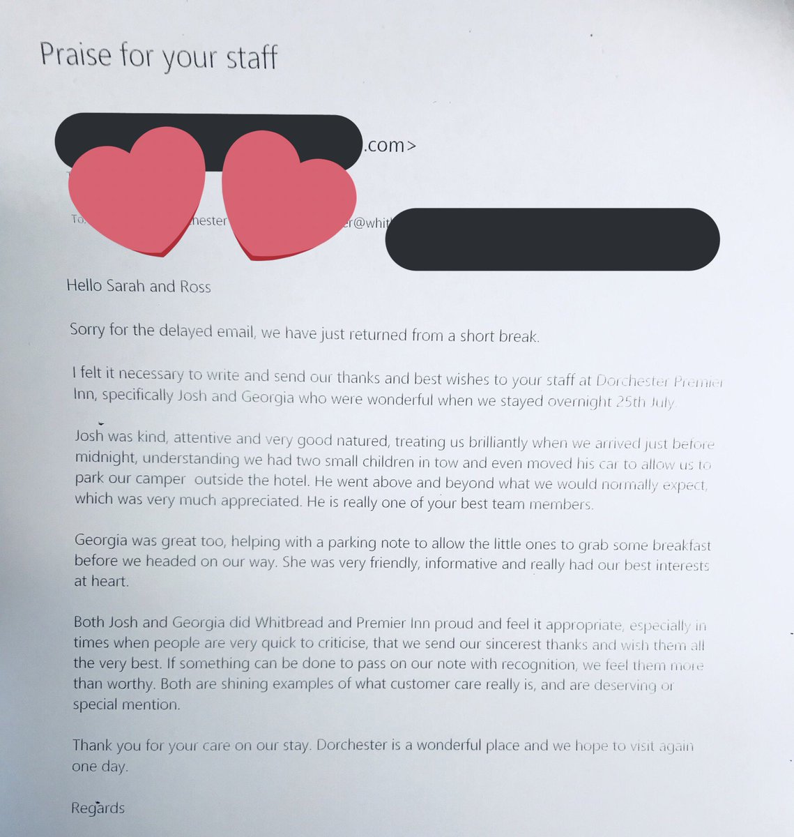 <a href="/DorchesterInn/">Dorchester Premier Inn</a> again the Team demonstrates Guests are at the ❤️ of what we do! So proud so many compliments for this team so far this year!! <a href="/thebirdlane/">Natasha Lane</a> @sarahvfrost1 <a href="/SDEBDD/">simon ewins</a> <a href="/WeAreSUGM/">WeAreSUGM</a> #SummerofService 🔥💯☀️#PremierInn