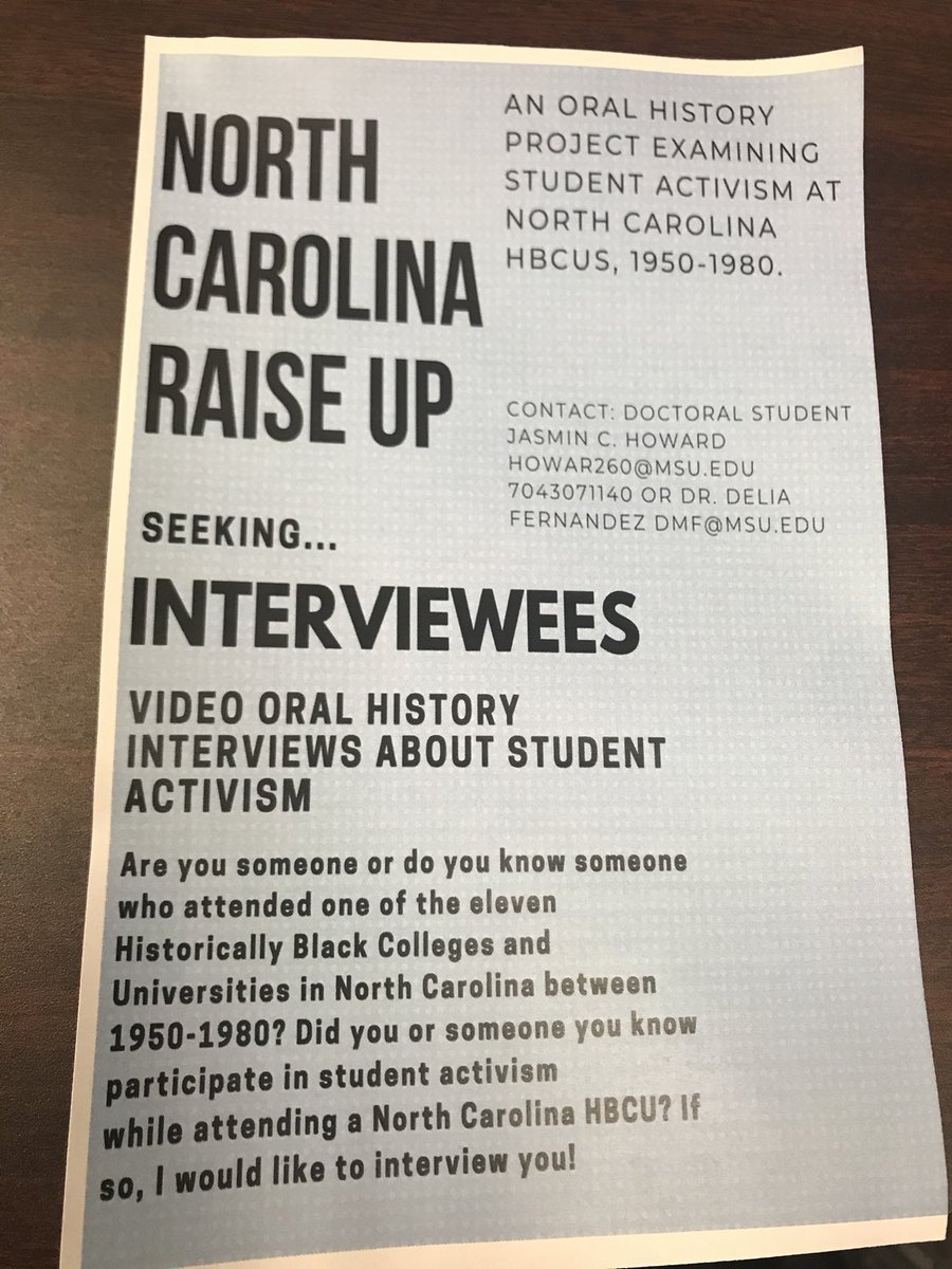 jhsting32's tweet image. Hi, I’m Jasmin and I’m naming my dissertation after a Petey Pablo song “North Carolina Raise Up: Examining the Experiences, Historical Naratives, &amp;amp; Commemoration of Student Activism at North Carolina HBCUs, 1950-1980” #Blktwitterstorians #Blkgradlife #HBCU #HBCUS #twitterstorians