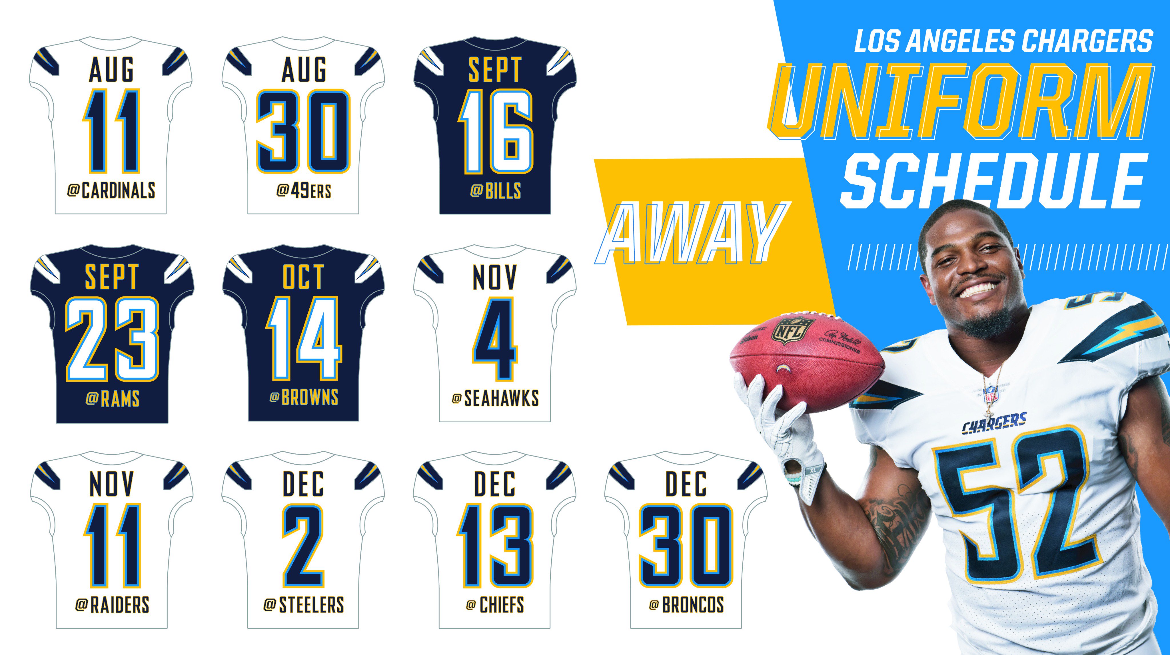 Los Angeles Chargers - Check out our 2017 Uniform Schedule. We'll be  rocking the navy blues this weekend💪