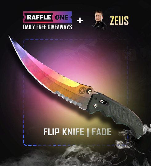 ZeusCSGO's tweet photo. ★ Flip Knife | Fade - Giveaway! 🎁 

✅ Retweet 
✅ Follow @raffleoneoff + @ZeusCS_GO 
✅ Tag 2 friends 
✅ Visit https://t.co/t0jim6EaM9 for MORE giveaways 

Winner drawn in 7 days, Good luck 😉 https://t.co/bEn2giVY49
