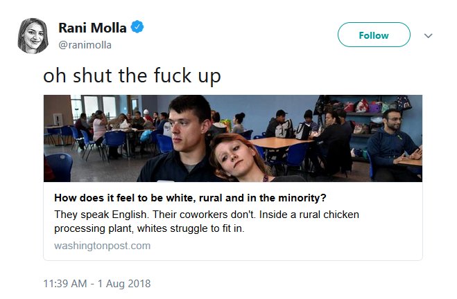 @ranimolla tweet reading, "oh shut the fuck up"