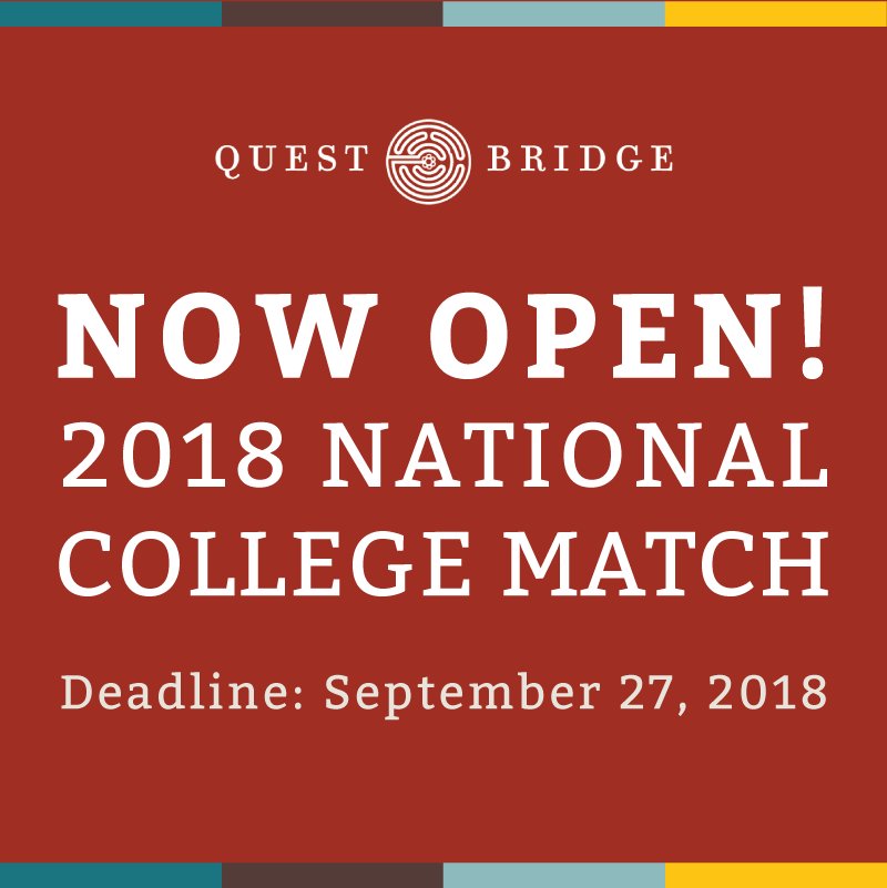 QuestBridge's tweet image. It&apos;s here! The 2018 National College Match application is now open. Learn more and apply by September 27, 2018: questbridge.org/high-school-st…

Retweet to help us reach qualified high school seniors! #CollegeMatch #DreamBig