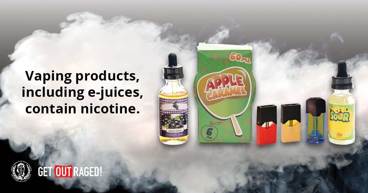 MassDPH's tweet photo. E-cigarettes and vaping products use sweet, flavored e-juices to appeal to youth.  Get the facts. Visit https://t.co/FTB7qhPOfH for tips on how to talk to your teen about the dangers of vaping. https://t.co/I3r7U09Dyg
