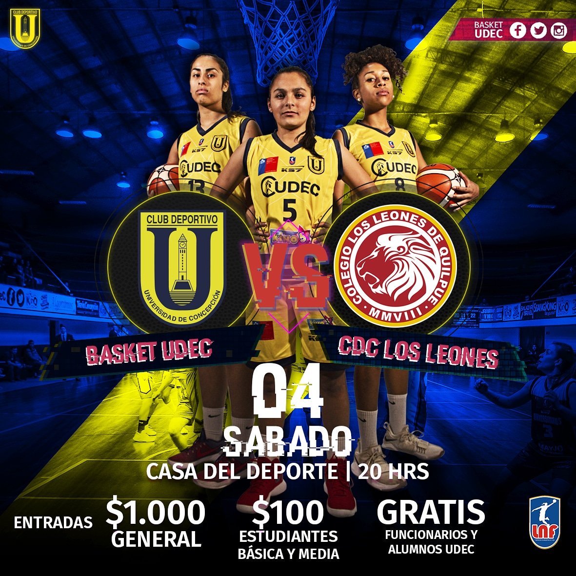 BasketUdeC's tweet photo. #EntradasAMil 😱 #EntradasA100
Apoyemos a #BasketFemeninoUdeC de local en la Casa del Deporte ante @CDCLosLeones este sábado 4 de agosto a las 20 horas. 
¡Éxito, muchachas!
💙💛🏀⛹️‍♀️
#GanaSinOrgulloPierdeSinRencor https://t.co/ct4mEdTiu2