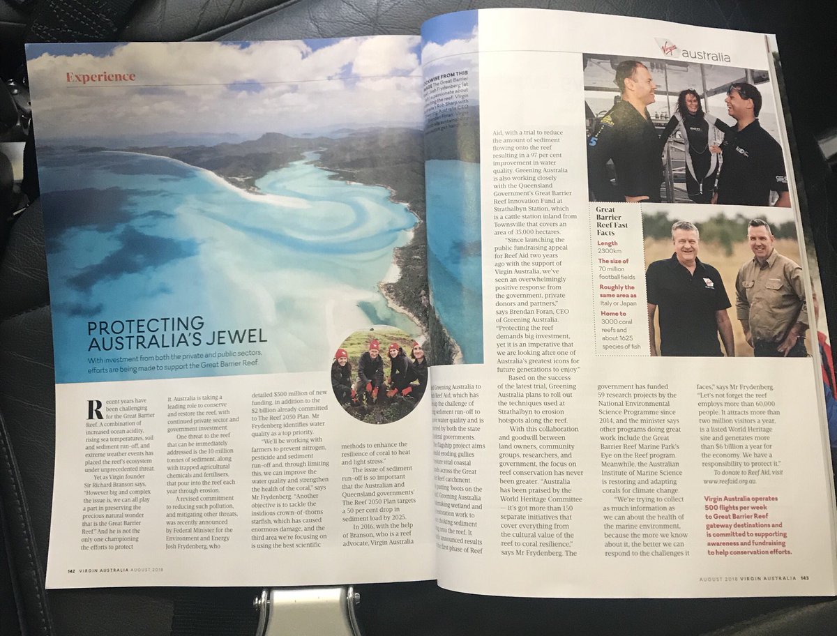 sashatorsi's tweet photo. Thanks @VirginAustralia for bringing attention to the Great Barrier Reef & joining forces with @GreeningAust on #ReefAid to stop sediment run off & improve water quality @BrendanForan1 https://t.co/RQXqGU7TMU