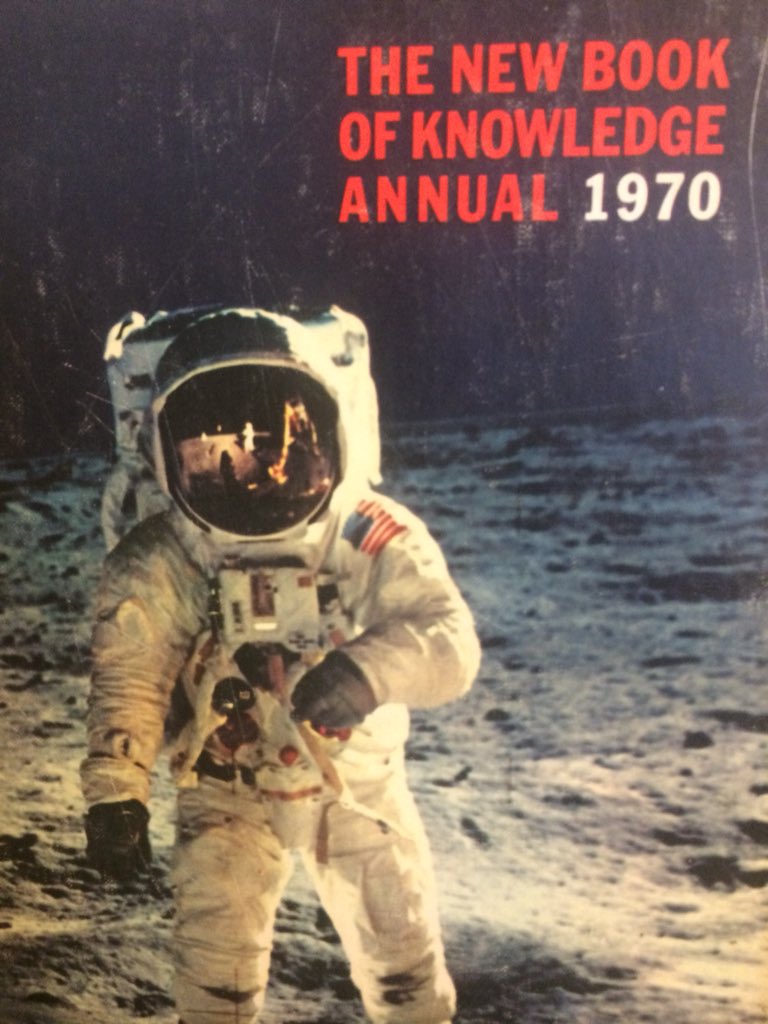 The New Book of Knowledge, 1970 - inside the front cover, it lists all manned space flights to date. 
Spotted #flatEarth in diagram top of page 😁👍
