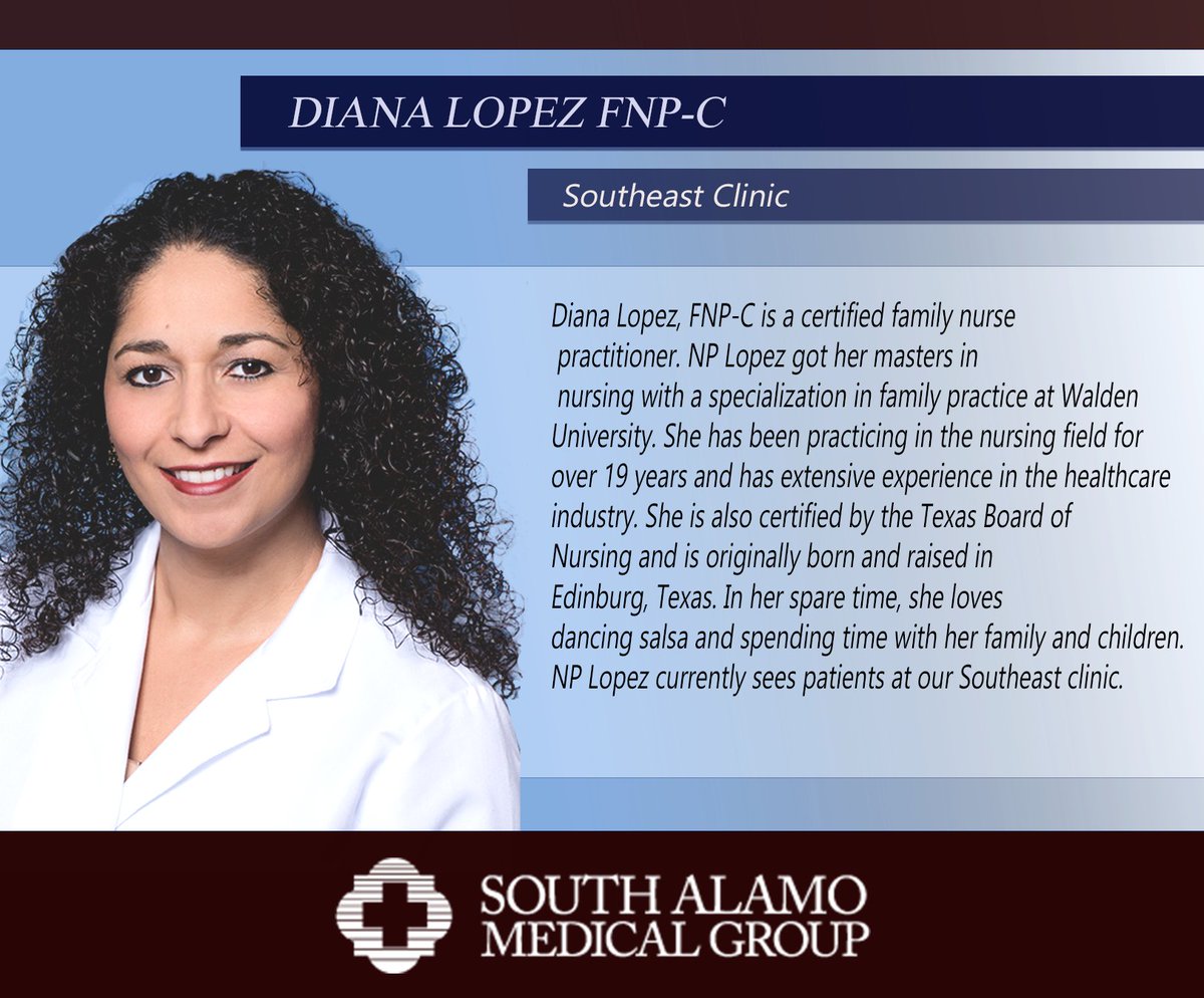 South Alamo Medical would like to extend a warm welcome to  Diana Lopez FNP-C to our Southeast Clinic.
We are excited to have you on board.
.
.
.
.
.
#NP|#southalamomedicalgroup |#Sanantonioclinics |#healthcare |#wednesdayvibes |#sanantonio |#medicalgroup |#southeastsanantonio