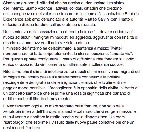 BaobabExp's tweet image. CONFERENZA STAMPA: DENUNCIAMO IL MINISTRO SALVINI PER DIFFUSIONE DI IDEE FONDATE SULL’ODIO ETNICO O RAZZIALE
VENERDI’ 3 AGOSTO – ORE 12 – SALA RENATO BIAGETTI – CITTA’ DELL’ALTRA ECONOMIA- LARGO DINO FRISULLO, ROMA. Comunicato integrale qui -&amp;gt; facebook.com/BaobabExperien…
