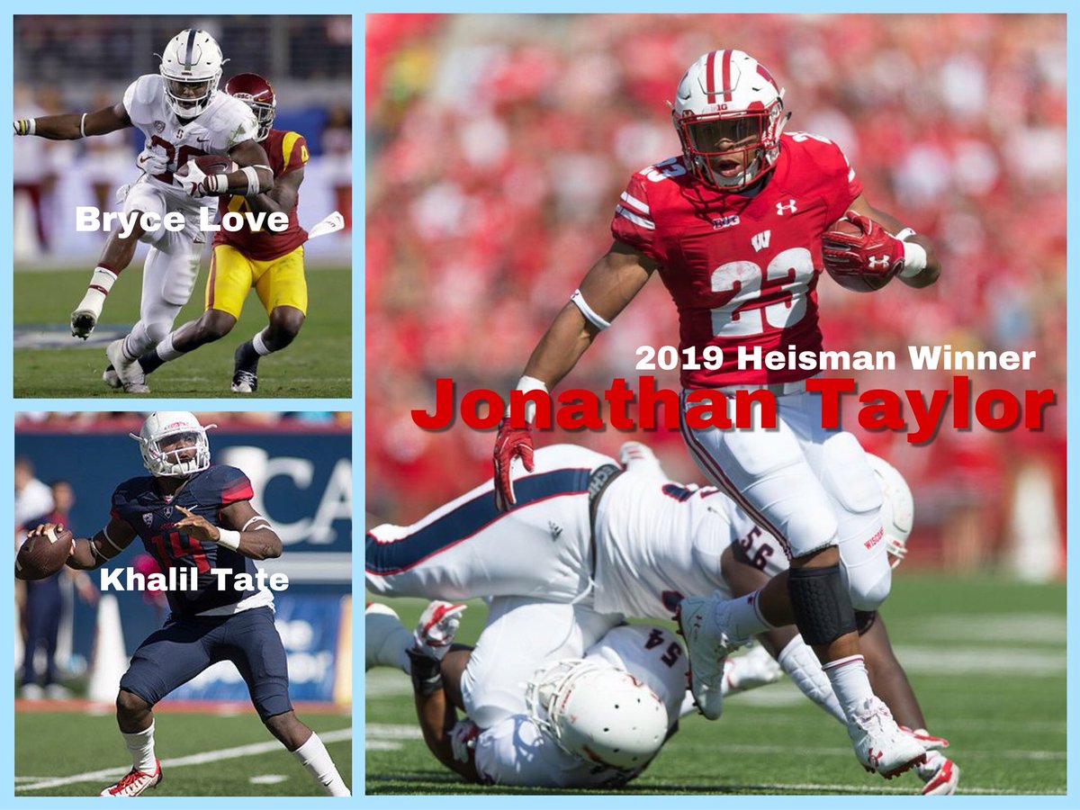 SwagerScanRadio's tweet image. Our early pick for the 2019 Heisman Watch:

🏆1 JONATHAN TAYLOR (RB - @BadgerFootball )
 
2 @KhalilDTN (QB - Arizona) 
3 @BLovee_20 (RB - Stanford)
4 @Tauliaa12 (QB - Alabama)
5 @TheReal_Cam3 (RB - FSU)

#cfb #collegefootball #nfldraft #wisconsin #arizona #stanford #bama #fsu