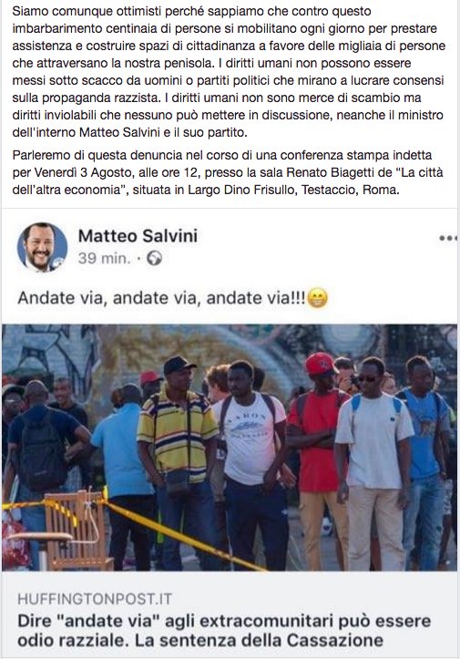 BaobabExp's tweet image. CONFERENZA STAMPA: DENUNCIAMO IL MINISTRO SALVINI PER DIFFUSIONE DI IDEE FONDATE SULL’ODIO ETNICO O RAZZIALE
VENERDI’ 3 AGOSTO – ORE 12 – SALA RENATO BIAGETTI – CITTA’ DELL’ALTRA ECONOMIA- LARGO DINO FRISULLO, ROMA. Comunicato integrale qui -&amp;gt; facebook.com/BaobabExperien…