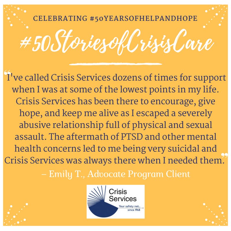 Crisis_Services's tweet photo. Our #CrisisFirstResponders help approximately 100,000 folks in our community each year when impacted by a crisis – any type of crisis – 24 hours a day. Today we are celebrating #50YearsofHelpandHope by sharing the story of one of those folks for #50StoriesofCrisisCare. https://t.co/1dZnlRwJJa