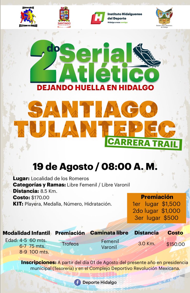deportehidalgo's tweet photo. Los invitamos a participar en la segunda fecha del Serial Atlético “Dejando Huella en Hidalgo”, a celebrarse el próximo 19 de agosto en el municipio de Santiago Tulantepec. ¡No falten!

#HidalgoSeMueve
#HidalgoCreceContigo https://t.co/FpZZMN1sLR