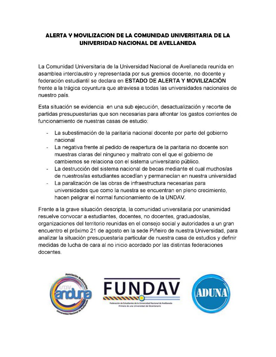 ADUNA_UNDAV's tweet photo. La comunidad de la #UNDAV en estado de alerta y movilización. 
Gremios #docentes #ADUNA #nodocentes #ANDUNA #Estudiantes #FUNDAV #UNDAVenLucha  

@ADUNA_UNDAV @GremioAnduna @FUNDAV2017 @PrensaCONADU @UNDAVOFICIAL @VivislaUNDAVSab @UNDAVMedios @AbogaciaUndav @EconomiaenUNDAV https://t.co/EDpbnnTrSK