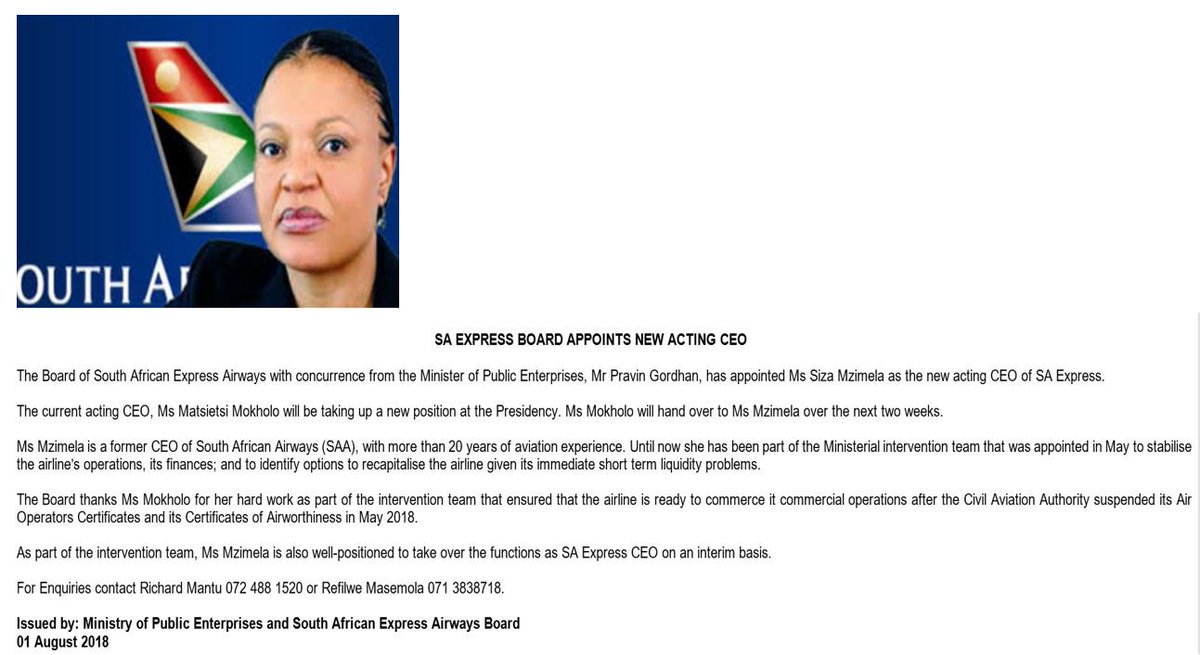 SAgovnews's tweet image. The Board of South African Express Airways has appointed #SizaMzimela as the new acting CEO of #SAExpress.