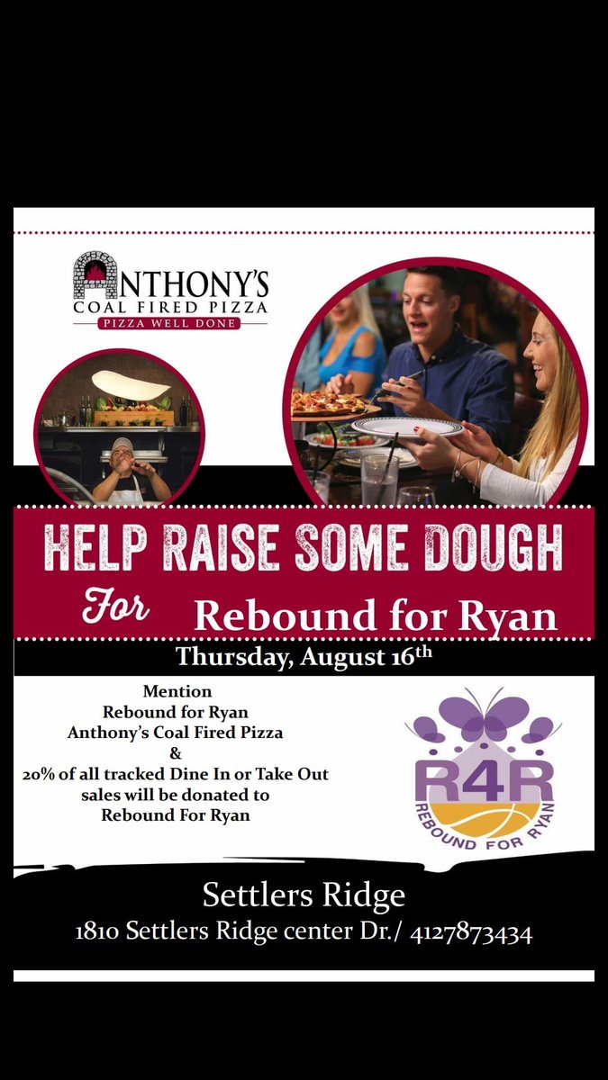 Come out and join us again at Anthony’s Coal Fired Pizza in Settlers Ridge on August 16th!! Make sure you mention R4R and 20% of your bill will be donated!!