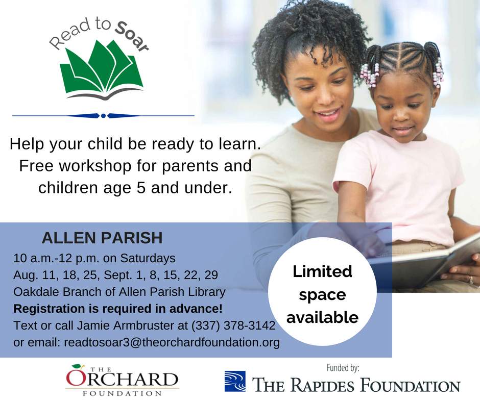 rapides_trf's tweet photo. Allen Parish residents: Register today for a free reading workshop for children 5 years and under. Space is limited and registration is needed in advance. Download the #ReadToSoar flyer: https://t.co/jBxC9p8yjY https://t.co/8C1ucQ9Y6g
