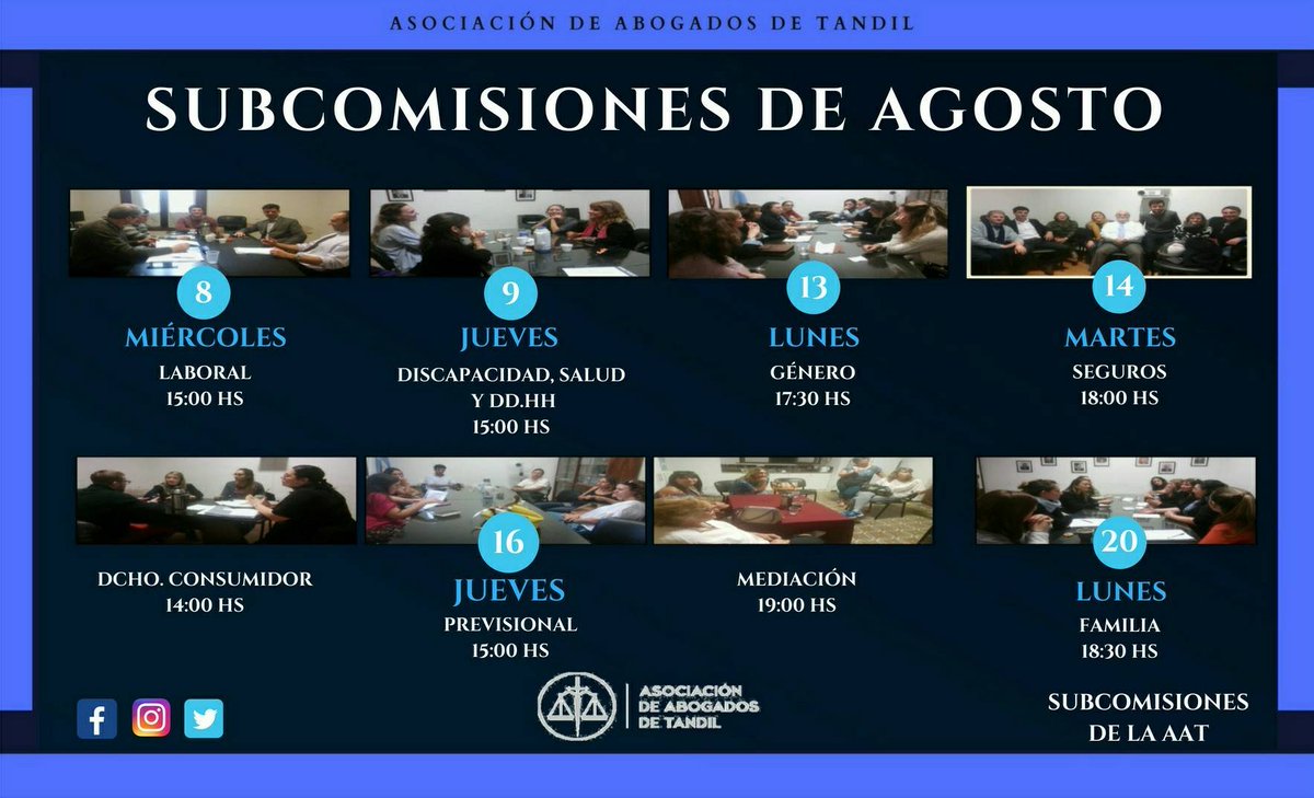 AAT_oficial's tweet photo. 📆 Ya están disponibles todos los días y horarios de las Subcomisiones del mes de agosto de la AAT. 👌
Te esperamos!!
#AAT #subcomisiones https://t.co/Lzeiaw6zJF
