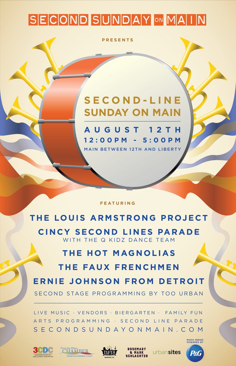 2ndSundayOnMain's tweet photo. We're back August 12th with Second-Line Sunday on Main!

Performances by The Louis Armstrong Project, @Cincysecondline parade with the Q Kidz Dance Team, @TheHotMagnolias, the Faux Frenchmen and @EJfromtheD!

Come out and don't miss the Second Line Parade! #meetmeonmain https://t.co/vD1WrniCTj