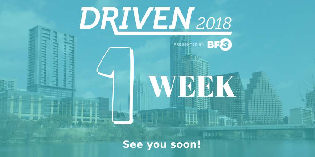bp3global's tweet photo. Driven is one week away! With over 60 exciting sessions and hands-on labs and a great team of sponsors this will be the best Driven conference yet! Don't miss out, register at https://t.co/weMQStEjf5 #DrivenATX https://t.co/GQmFaShmtg