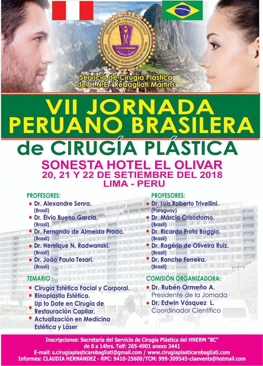 CapilarCenter's tweet image. VII JORNADA PERUANO BRASILERA DE CIRUGÍA PLÁSTICA
Regresa la regionalmente conocida Jornada Peruano Brasilera de Cirugía Plástica en su séptima edición, organizada por H.N.E. Rebagliati Martins los días 20,21 y 22 de Setiembre del 2018 en el Sonesta Hotel El olivar, San Isidro.
