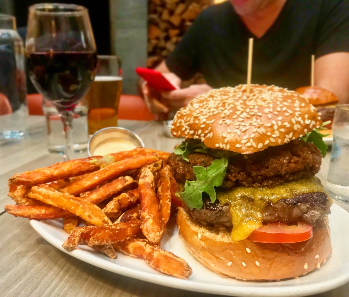 ndrewmarin's tweet photo. How to improve a “southwest vegan burger” – Tell the server you want a cheddar cheeseburger on it. Nutrition. #MohawkBend https://t.co/FyES1THgY8