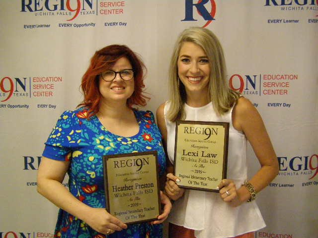 Region9ESC's tweet photo. Heather Preston, English teacher at Rider High School, has been named the 2019 Region 9 Secondary Teacher of the Year and Lexi Law, an elementary science teacher at Ben Franklin, WFISD, has been named the 2019 Region 9 Elementary Teacher of the Year. https://t.co/kLxazeWGcq https://t.co/xXYa67UGft