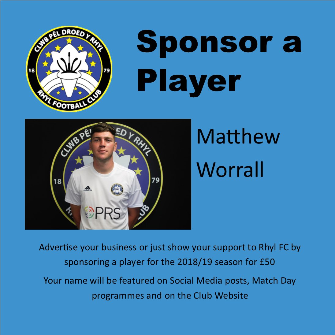 rhylfc's tweet photo. PLAYER SPONSORSHIP

Want to get your business advertised with Rhyl FC?  For just £50 you can sponsor @matthewworr95 for the 2018/19 season.  Your name will be featured with a link on the Club website, used on Rhyl's social media accounts and the Club Programme.

DM us to confirm https://t.co/BFsGiUtebt