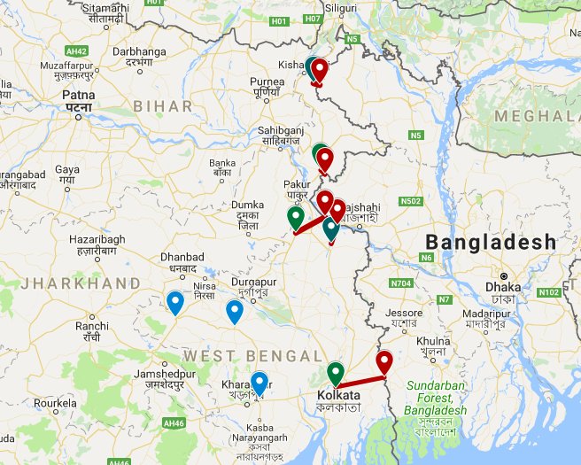4) Now look at the Map which gives the proximity of above Top 5 districts (green pins)to BD border & u will immediately realise the massive impact of  #Illegalimmigrants on WBs demographic ! Also see the districts with lowest Muslim populn are furthest from BD border (blue pins) !