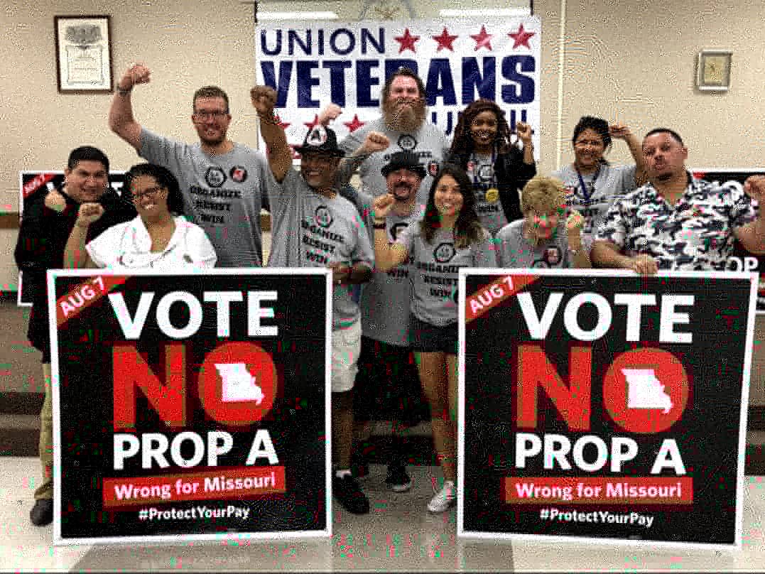 CaliforniaLabor's tweet photo. @CaliforniaLabor & @LALabor are in Missouri with our brothers and sisters fighting against Prop A! Prop A is a blatant attempt to weaken labor bargaining rights and lower wages.They're working incredibly hard to make sure workers have a living wage!✊ #NoPropA #protectourwages https://t.co/YuPBH1Q8kr