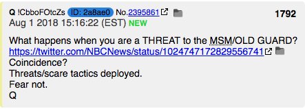 intheMatrixxx's tweet photo. #QAlert 8/1/18 Q1792
What happens when you are a THREAT to the MSM/OLD GUARD?https://t.co/KcPf9otzOS๐
Coincidence?
Threats/scare tactics deployed.
Fear not.
Q
#ControlledMSM
#PatriotsUnited
@POTUS #QAmy #QAnon #WWG1WGA #QFear #AskTheQ https://t.co/dcKA3BbEAn
