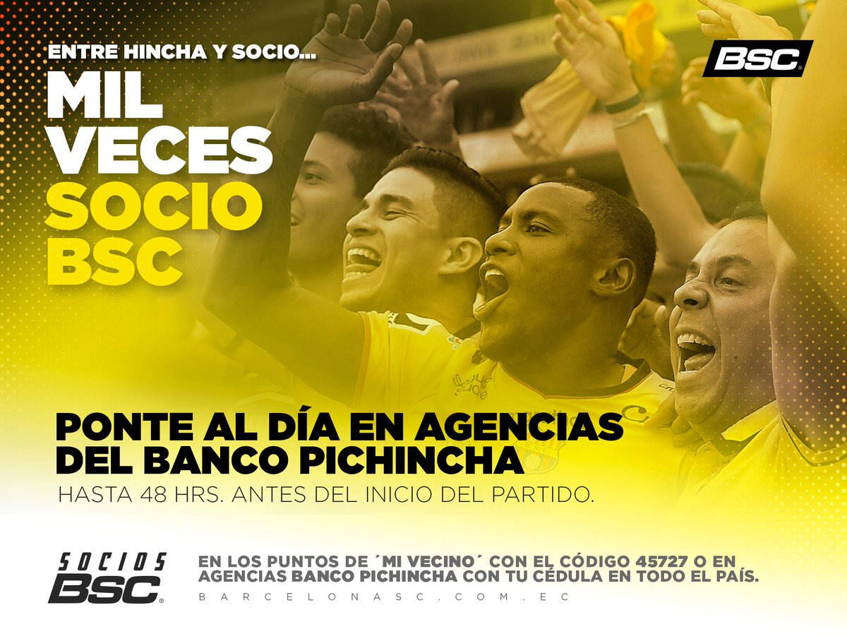 sociosbsc's tweet photo. Ponte al día o Hazte #SociosBSC en📍oficinas del Estadio Monumental @BancoPichincha e ingresa al partido #BSCvsIND

🔴 Hasta el Viernes 09:00 a 17:00
🔴 Sábado 10:00 a 16:00
🔴 Domingo 09:00 a 17:30

📍En agencias @BancoPichincha ponte al día con tu cédula, hasta el sábado 14:00. https://t.co/iTP6W3kEYm
