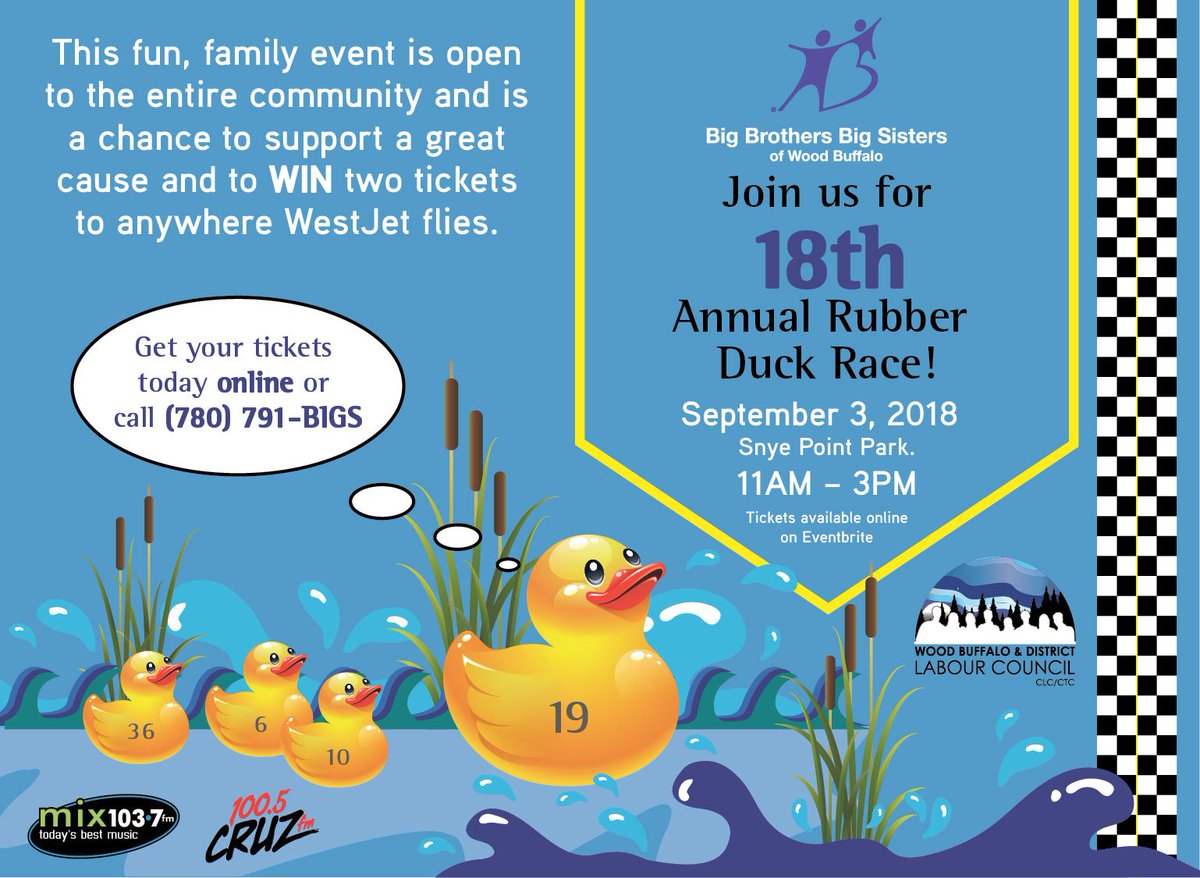 BBBSWoodBuffalo's tweet photo. SAVE THE DATE!  Duck race raffle tickets are over half sold! #YMM https://t.co/roqJs6ktib