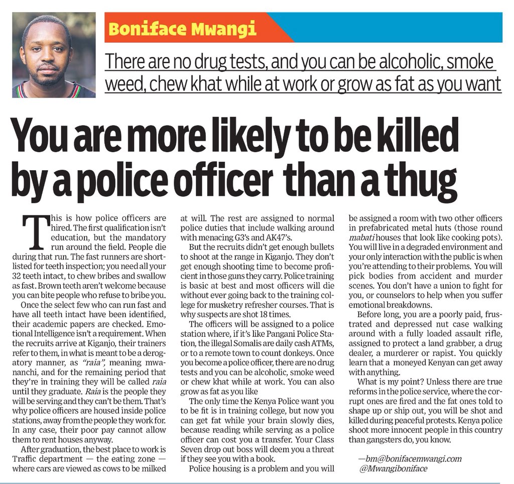 bonifacemwangi's tweet photo. Killer cops are a danger to everyone. They are the same ones politicians and business people hire to murder their rivals.Jacob Juma, Chris Msando, George Muchai just to name 3 high profile murders done by contract killer cops. @ahmednasirlaw was on twitter screaming fear of them. https://t.co/URNv3iXH3i
