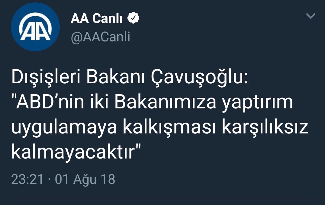 gazeteyolculuk's tweet photo. Anadolu Ajansı, Dışişleri Bakanlığı'nın ABD'nin Türkiye'ye ilişkin yaptırım kararına dair açıklamasını; İngilizce yayınında 'yanlış karar', Türkçe yayında 'karşılık verilecek' başlıklarıyla gördü!
https://t.co/jvxlnjmCeZ … https://t.co/ZU035hmBRN