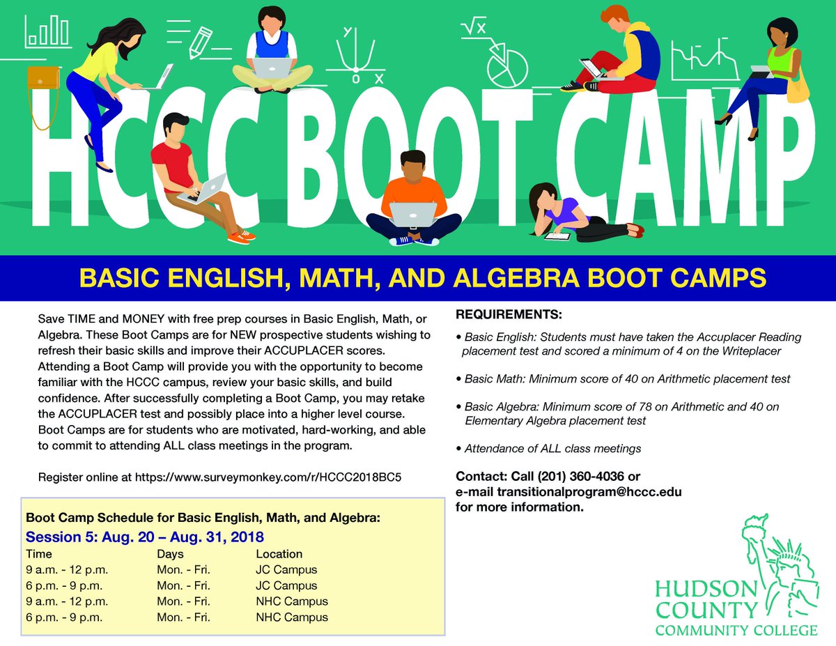 HudsonCCC's tweet photo. Save time and money with FREE prep courses in Basic English, Math and Algebra. Attend an HCCC Boot Camp! Session 5 begins on Monday, August 20. #HCCCSummer2018 #RegisterNow #HCCCBootCamp @NBHSGuidanceDpt @HudCoTweet @BlueTideGuide https://t.co/rkaMqRSvX8