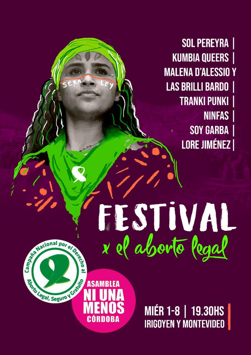 HOY SE TOCA EN CORDOBA!!!!!
FESTIVAL POR EL ABORTO LEGAL
EDUCACION SEXUAL PARA DECIDIR, ANTICONCEPTIVOS PARA NO ABORTAR, ABORTO LEGAL PARA NO MORIR
#AbortolegalYa #QueseaLey