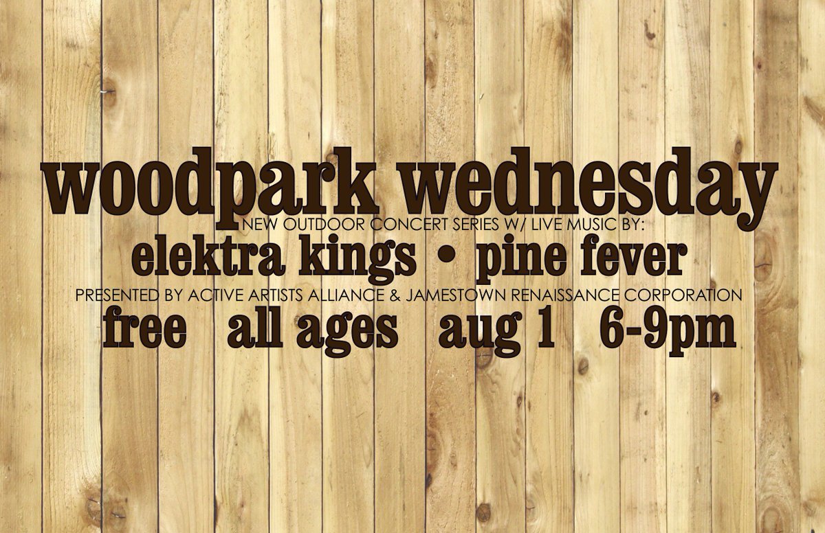 HEY! don't forget about Woodpark Wednesday! -FREE LIVE MUSIC TONIGHT by Pine Fever &amp; The Elektra Kings in downtown #JTNY @ corner of E. 3rd Street &amp; Potters Alley. Presented by Yours Truly &amp; Jtown Renaissance Corp <a href="/JRC14701/">JamestownRenaissance</a> #lucyfest #jamestownny #jamestown #CHQ #chautauqua #NCC