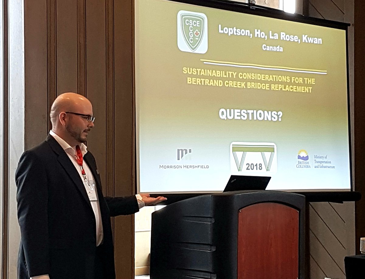 secondstones's tweet photo. Kudos to my @MorrHershfield colleague Scott Loptson for his presentation to @Csce2 #SMSB2018 Re: Sustainability provisions on #BCMoTI Bertrand Creek Bridge Replacement project #DeputyMinisterAward Come visit us at Booth #24 https://t.co/RjHg70CYsL