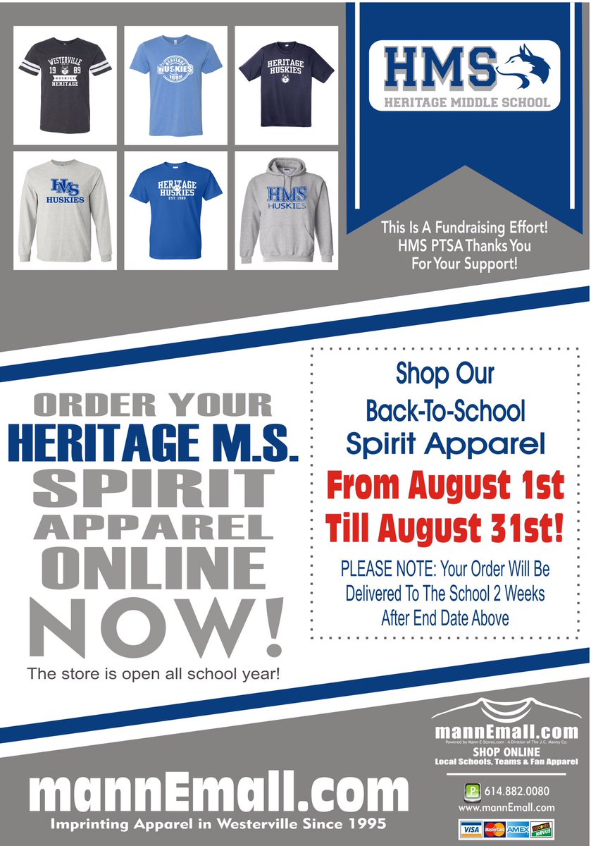 Need some awesome new <a href="/HeritageMS_WCS/">Heritage MS</a> swag 4 the 2018-2019 school year? Get your #HuskyStrong on &amp; show the world that UR a proud HMS Husky! Order online starting 2day, Aug. 1! Thx 2 <a href="/jcmanny/">jcmannyco</a> for putting these Gr8 designs 2gether! <a href="/HeritagePtsa/">Heritage PTSA</a>