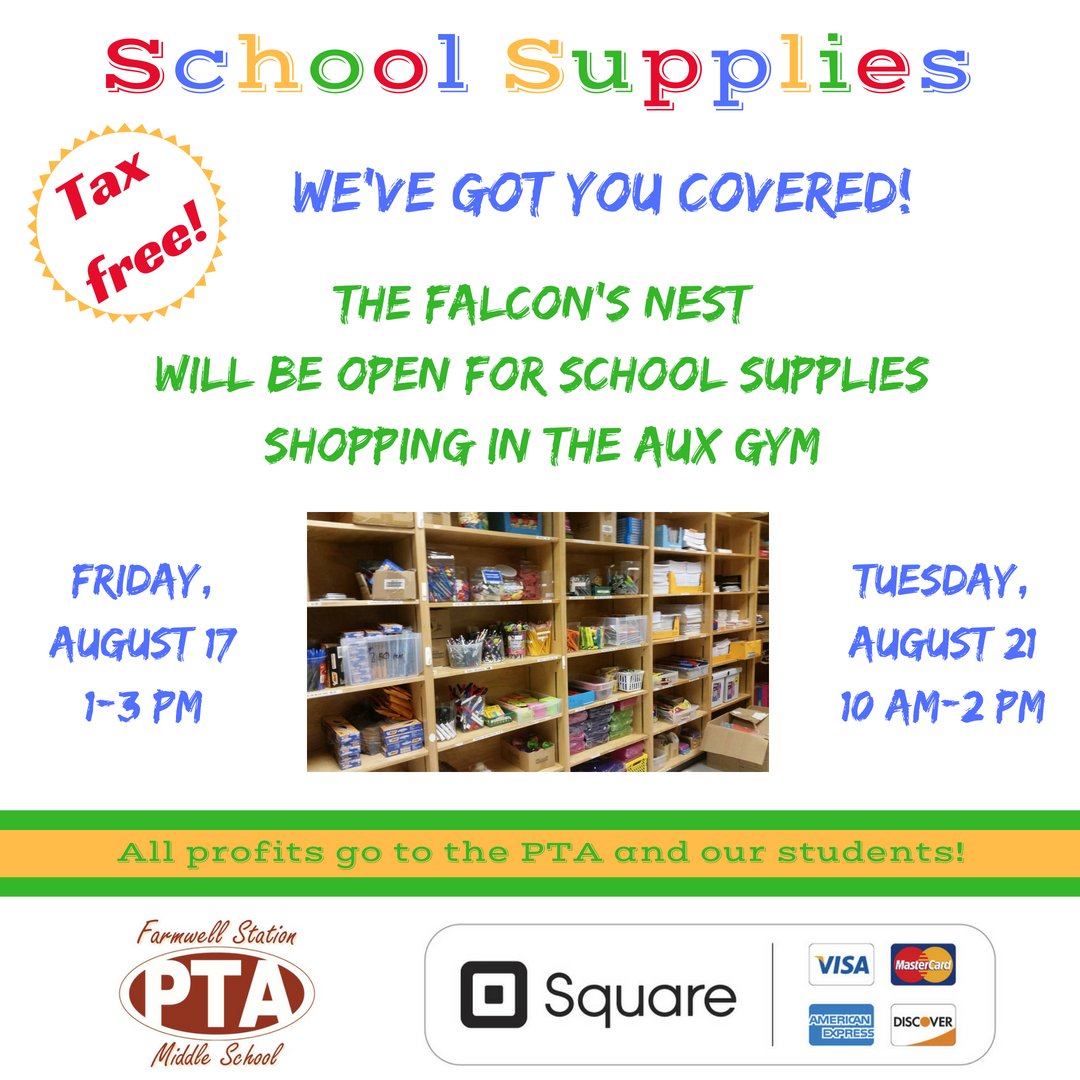FSMSpta's tweet image. The Falcon's Nest will be open for school supplies shopping - tax free! - in the aux gym during the ice cream social day (6th grade) &amp;amp; the locker setup day (7 &amp;amp; 8 grade) in August! Shop Fri, Aug 17 from 1-3pm &amp;amp; Tues, Aug 21 from 10am-2pm. All profits go to the PTA &amp;amp; our students!