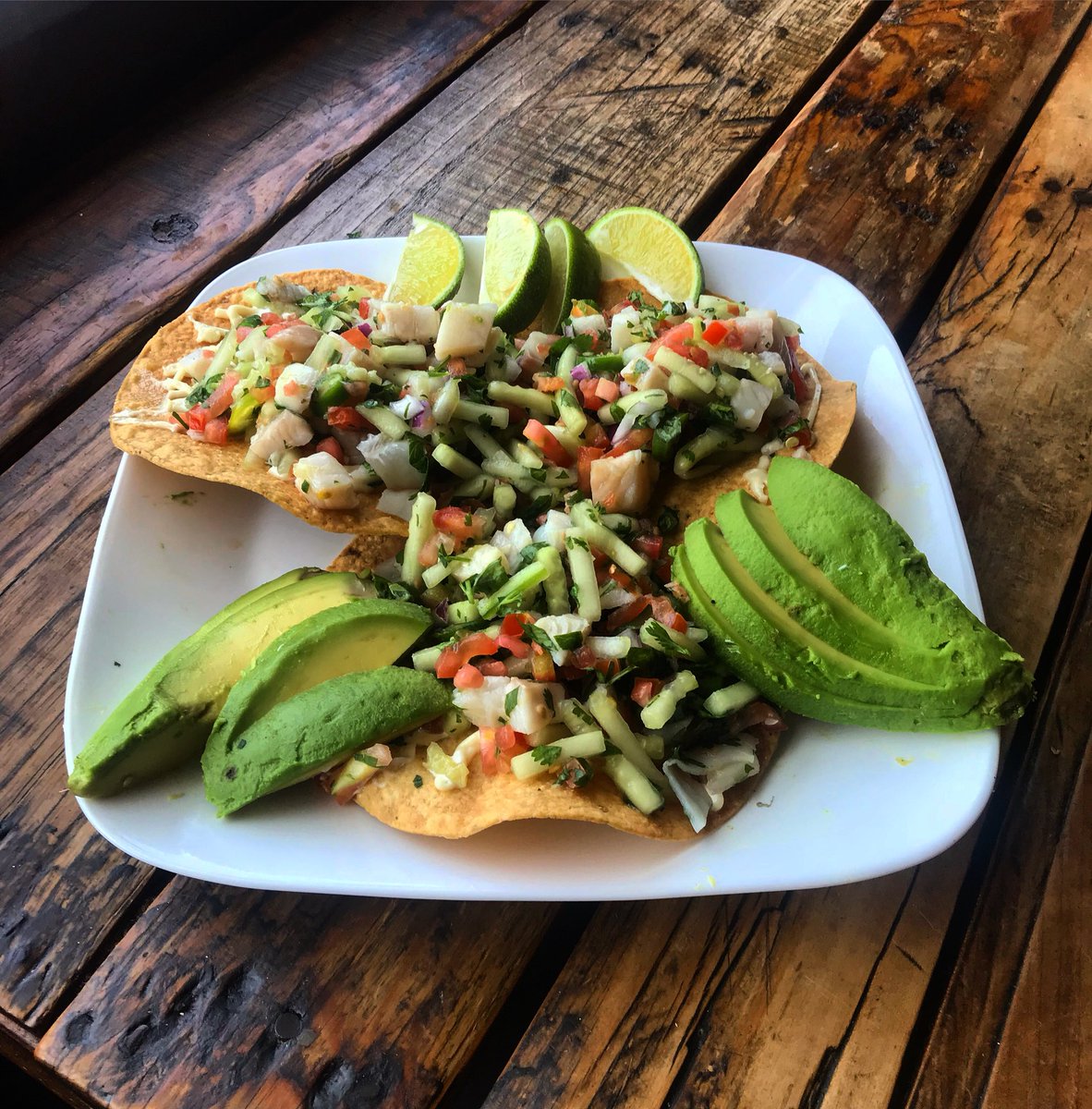 Farmers Market Special 🌱Ceviche tostadas 🌱tilapia, shrimp, cucumber, tomato, onion, cilantro, jalapeño, avocado, crema 🌱 $14.9 with your choice of house wine or draft beer