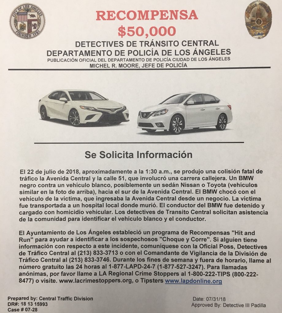 .<a href="/LAPDHITANDRUN/">LAPD Hit&Run Alert</a> CTD is conducting a Fatal Awareness/Educational Check Point in <a href="/LAPDNewton/">LAPD Newton</a>  at 51st St/Central Ave.  We also announcing a $50,000 Reward for information in identifying a Hit &amp; Run suspect, see photos.  <a href="/LAPDALopez/">LAPD A Lopez</a> <a href="/LAPDRIMKUNAS/">Michael Rimkunas</a> <a href="/VisionZeroLA/">VisionZeroLA</a> <a href="/TrafficRacing/">Central Traffic Division Street Racing Taskforce</a>